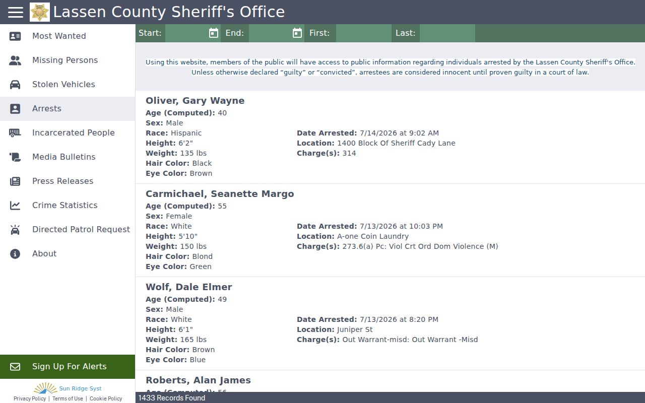 Lassen County arrest history CitizenRIMS recent arrests view