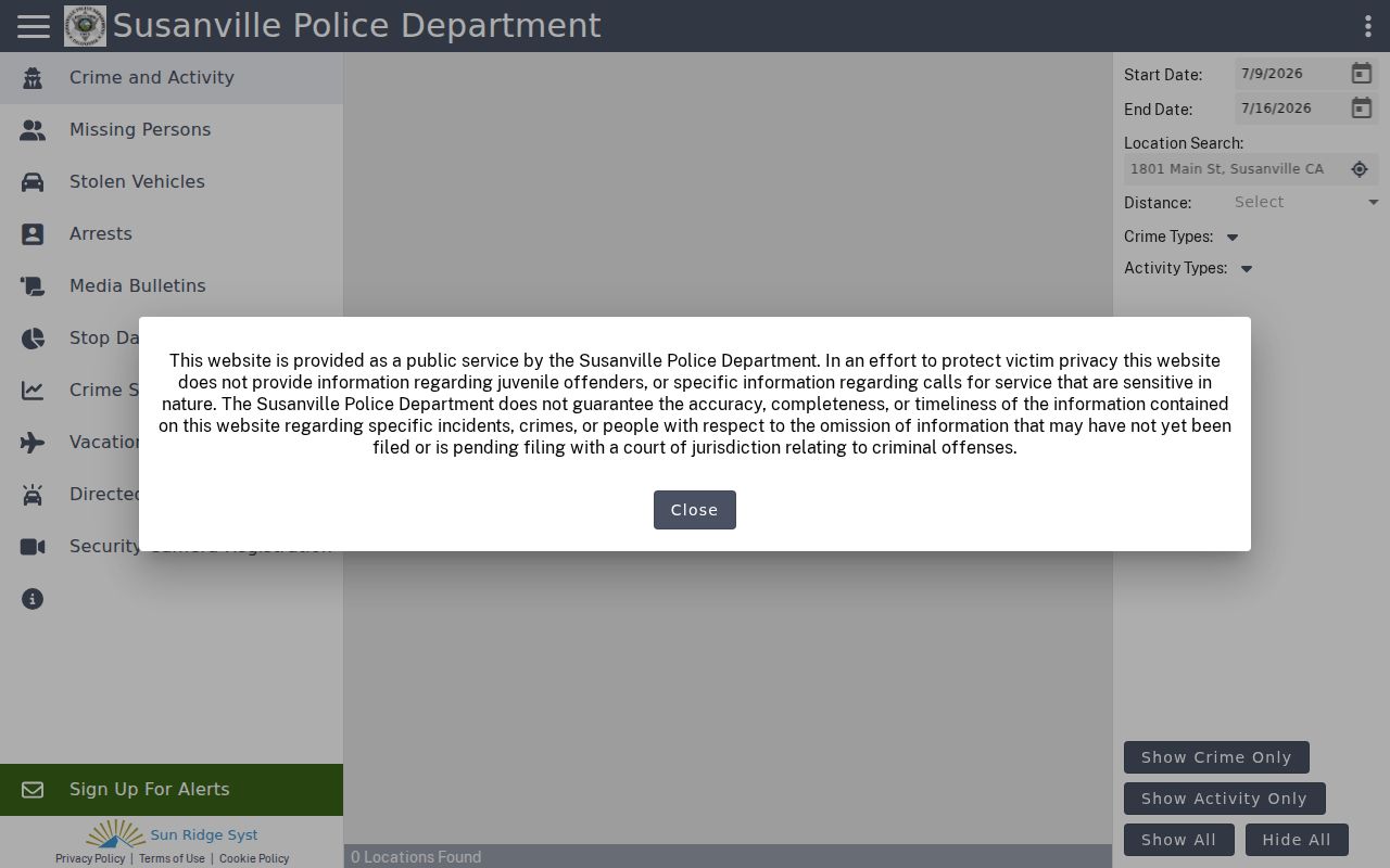 Susanville Police CitizenRIMS public safety interface