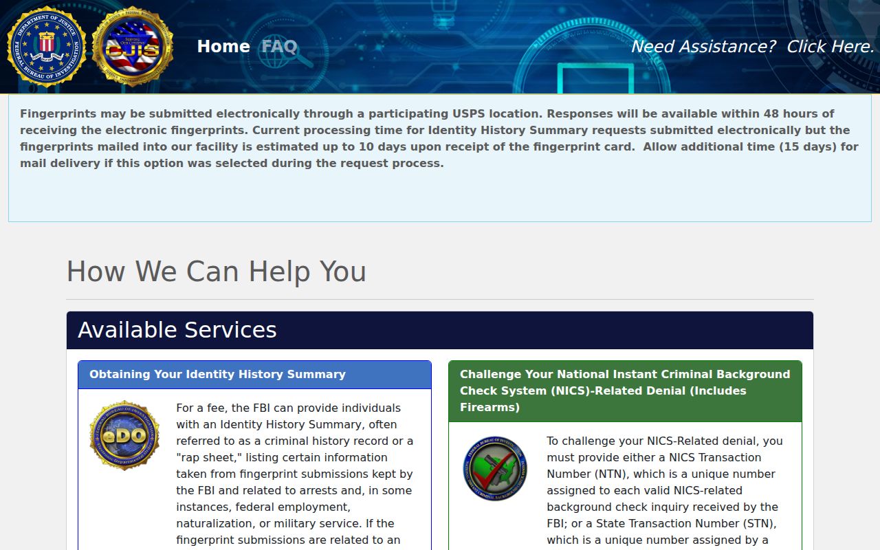 FBI electronic Departmental Order identity history portal