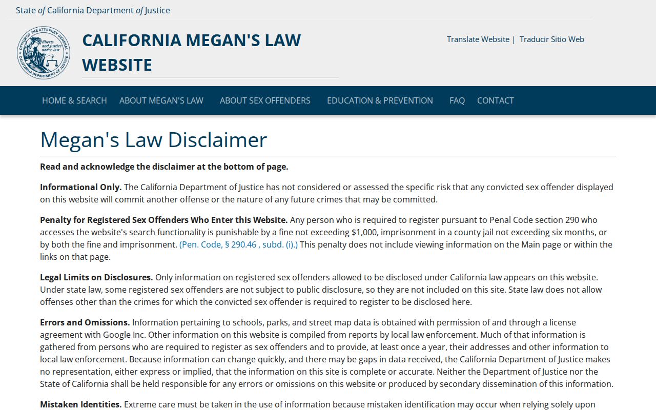 California Megan's Law Website search entry point
